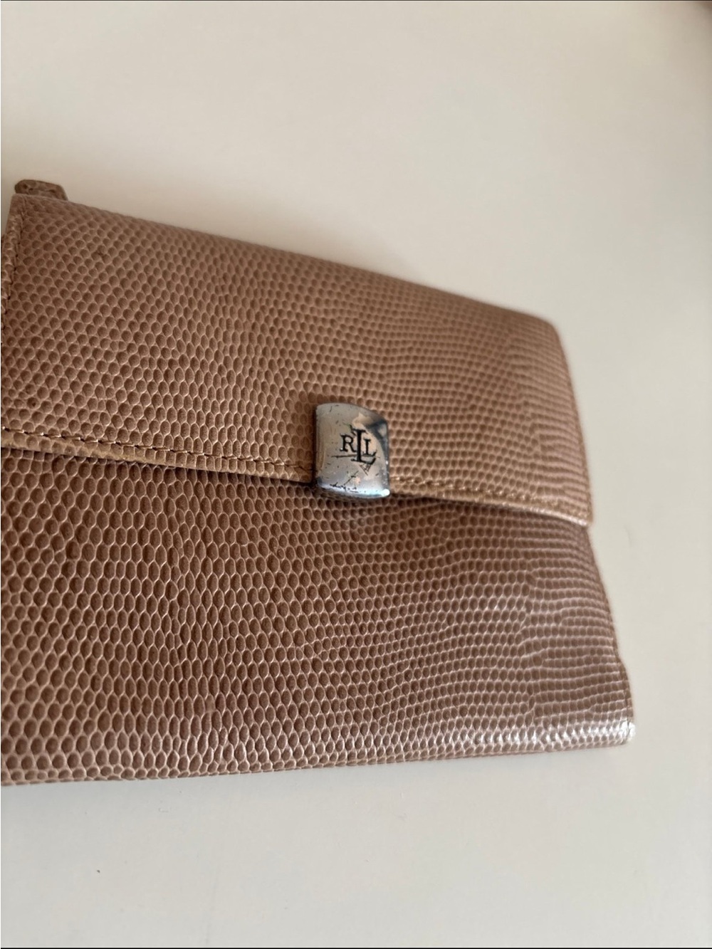 Ralph Lauren taupe lizard-embossed leather foldover clutch